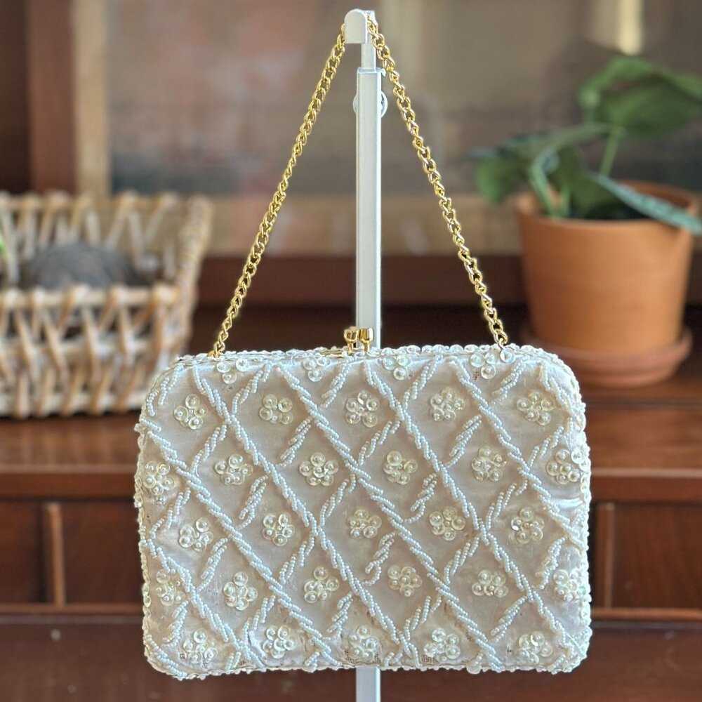 Vintage Cream Convertible Clutch Evening Bag With Sequins & Beads Hand Made - Picture 4 of 11